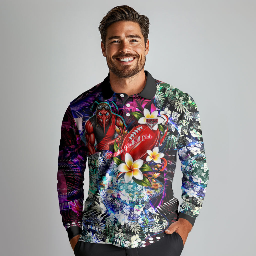 Personalized Essendon Football Bombers Long Sleeve Polo Shirt Tropical Hibiscus Flowers - Pacific Fusion Style