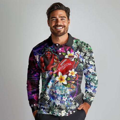 Personalized Essendon Football Bombers Long Sleeve Polo Shirt Tropical Hibiscus Flowers - Pacific Fusion Style