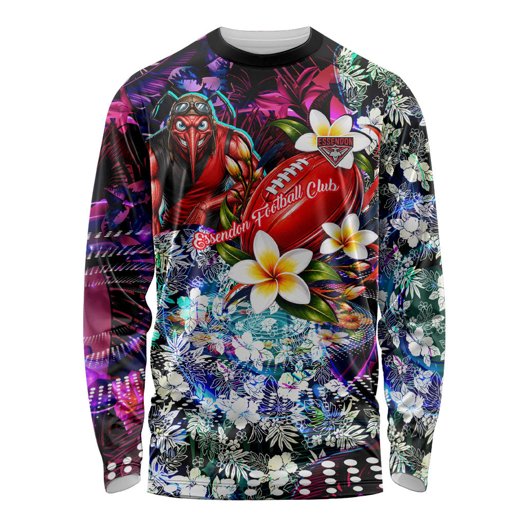Personalized Essendon Football Bombers Long Sleeve Shirt Tropical Hibiscus Flowers - Pacific Fusion Style