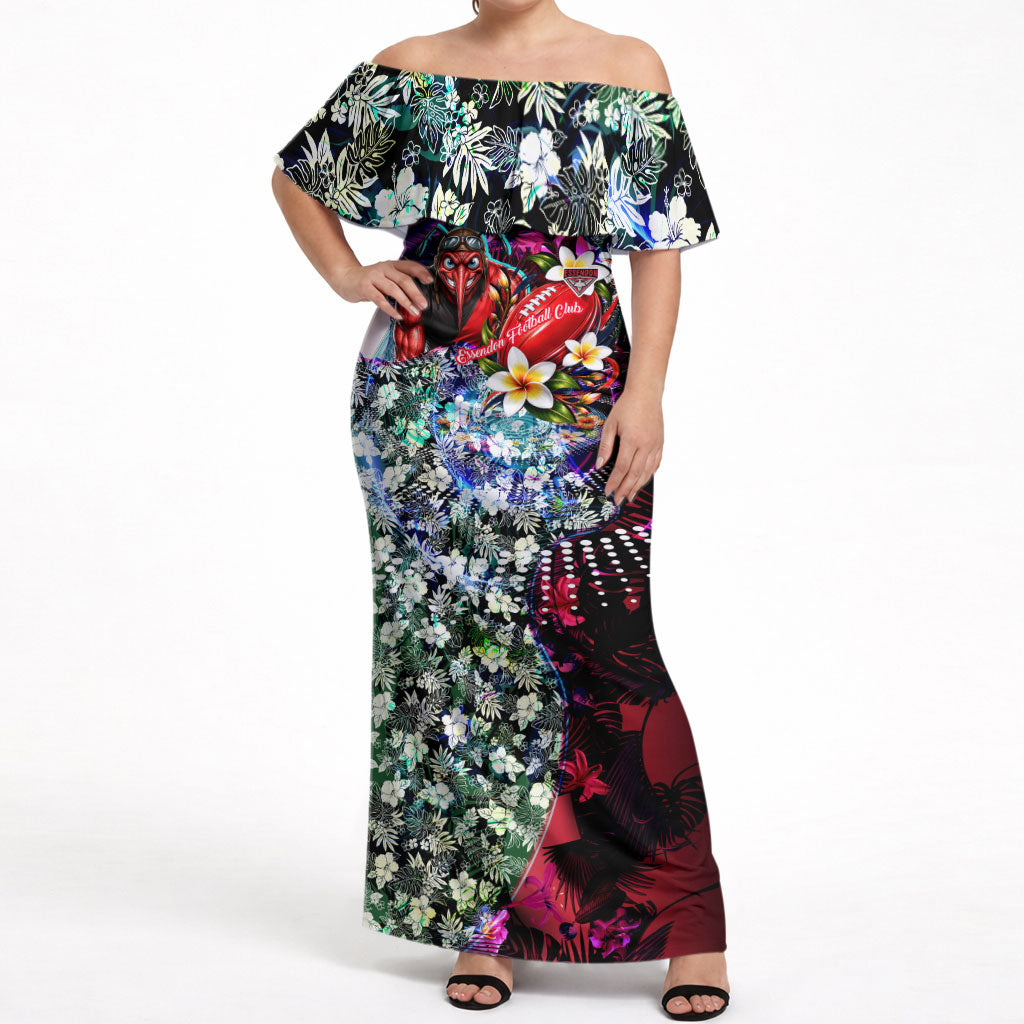 Personalized Essendon Football Bombers Off Shoulder Maxi Dress Tropical Hibiscus Flowers - Pacific Fusion Style