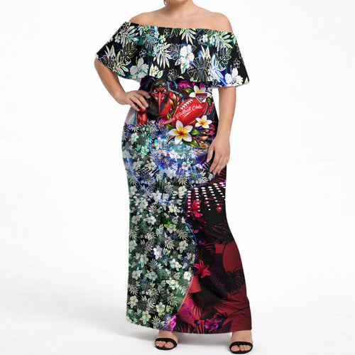 Personalized Essendon Football Bombers Off Shoulder Maxi Dress Tropical Hibiscus Flowers - Pacific Fusion Style