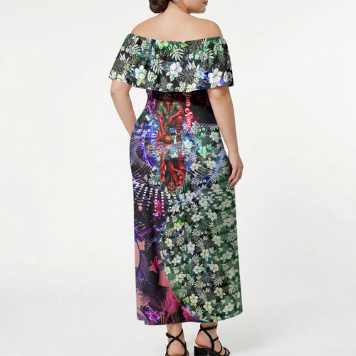 Personalized Essendon Football Bombers Off Shoulder Maxi Dress Tropical Hibiscus Flowers - Pacific Fusion Style