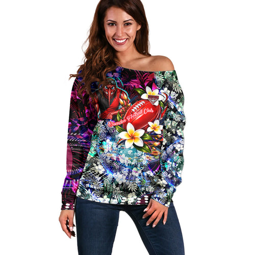 Personalized Essendon Football Bombers Off Shoulder Sweater Tropical Hibiscus Flowers - Pacific Fusion Style