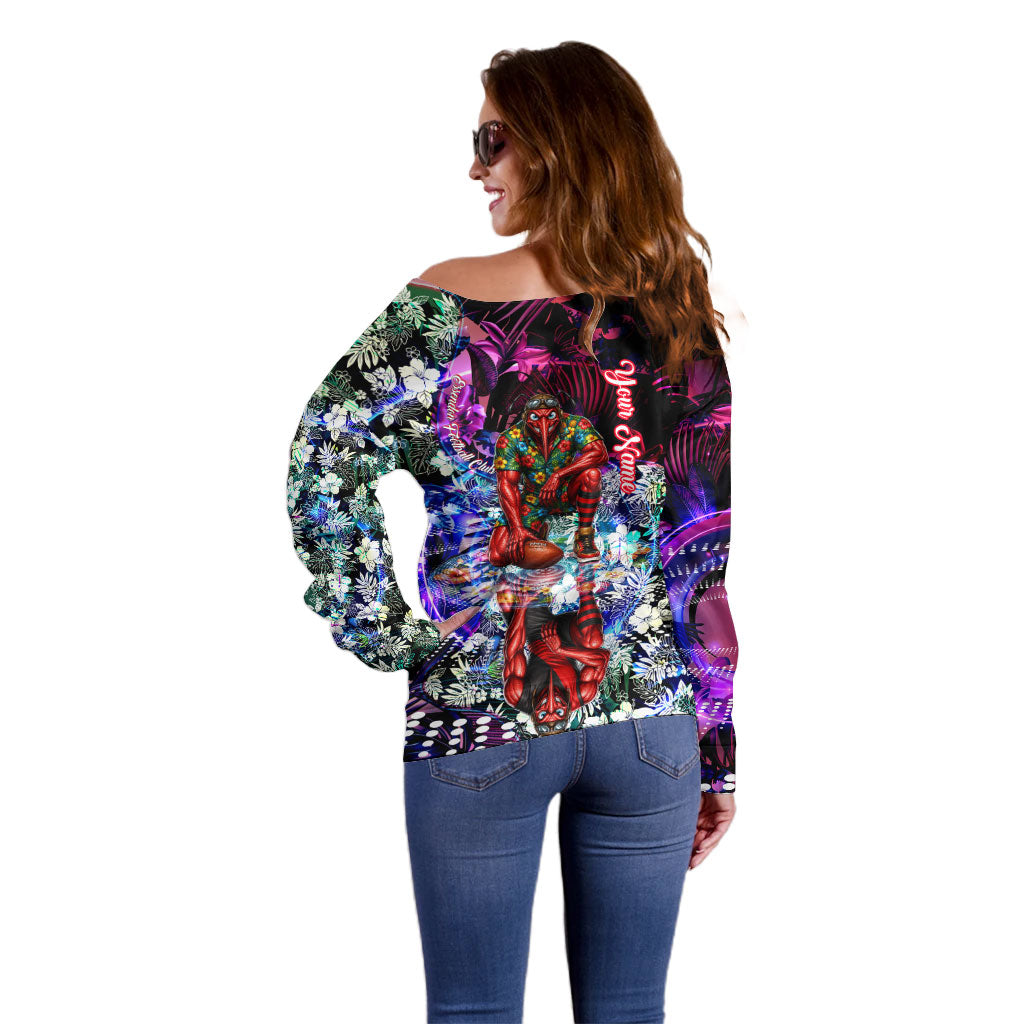 Personalized Essendon Football Bombers Off Shoulder Sweater Tropical Hibiscus Flowers - Pacific Fusion Style