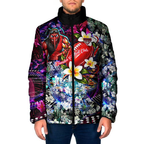Personalized Essendon Football Bombers Padded Jacket Tropical Hibiscus Flowers - Pacific Fusion Style