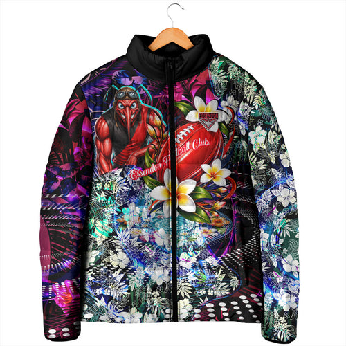 Personalized Essendon Football Bombers Padded Jacket Tropical Hibiscus Flowers - Pacific Fusion Style