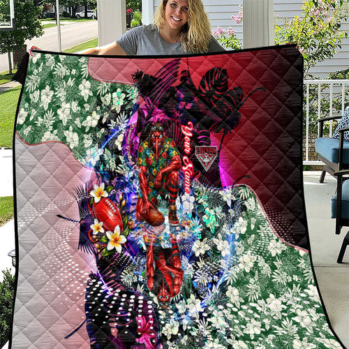 Personalized Essendon Football Bombers Quilt Tropical Hibiscus Flowers - Pacific Fusion Style