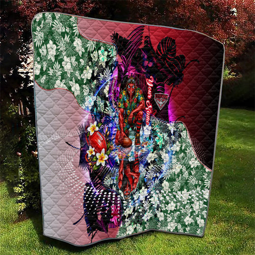 Personalized Essendon Football Bombers Quilt Tropical Hibiscus Flowers - Pacific Fusion Style