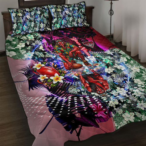 Personalized Essendon Football Bombers Quilt Bed Set Tropical Hibiscus Flowers - Pacific Fusion Style