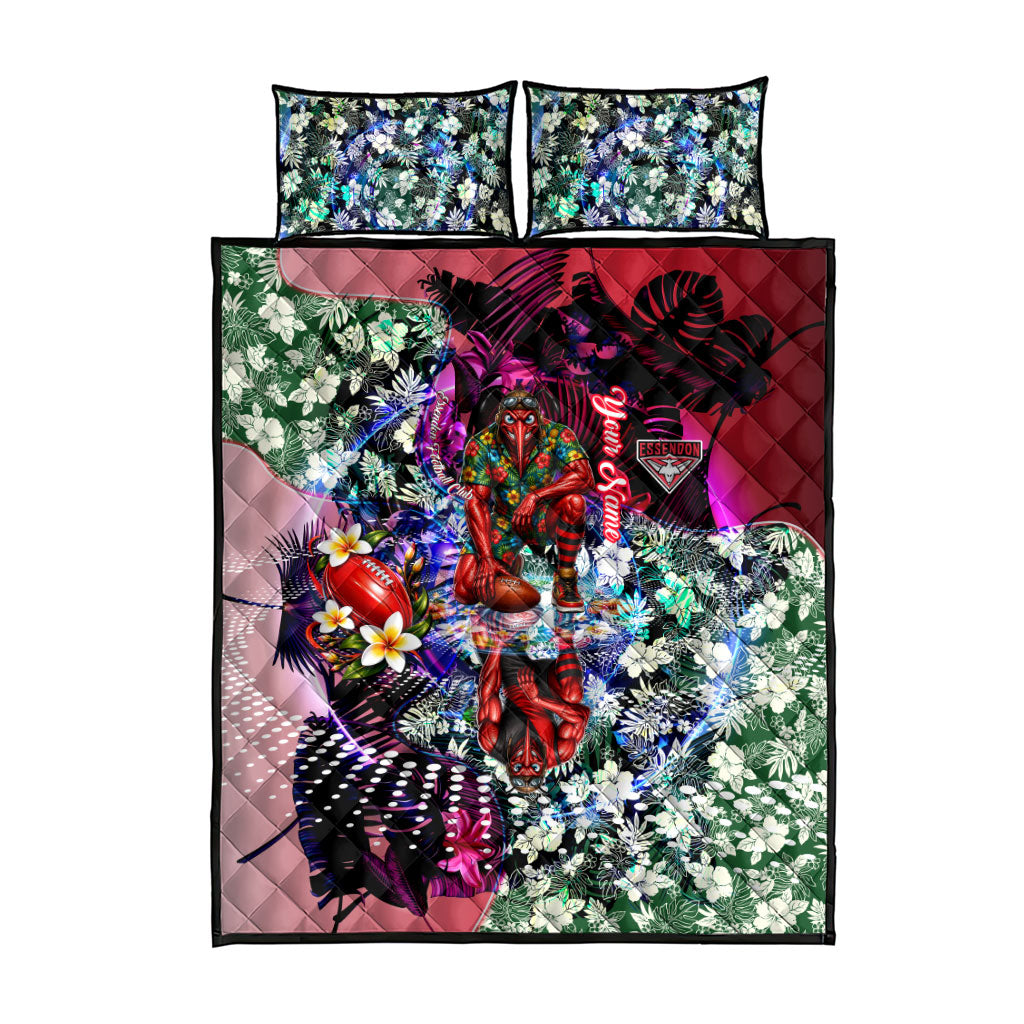 Personalized Essendon Football Bombers Quilt Bed Set Tropical Hibiscus Flowers - Pacific Fusion Style