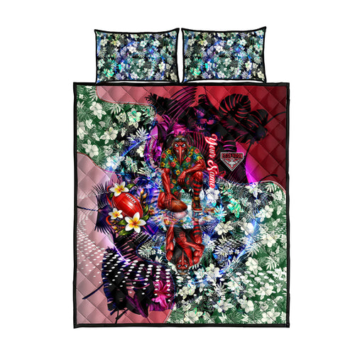 Personalized Essendon Football Bombers Quilt Bed Set Tropical Hibiscus Flowers - Pacific Fusion Style