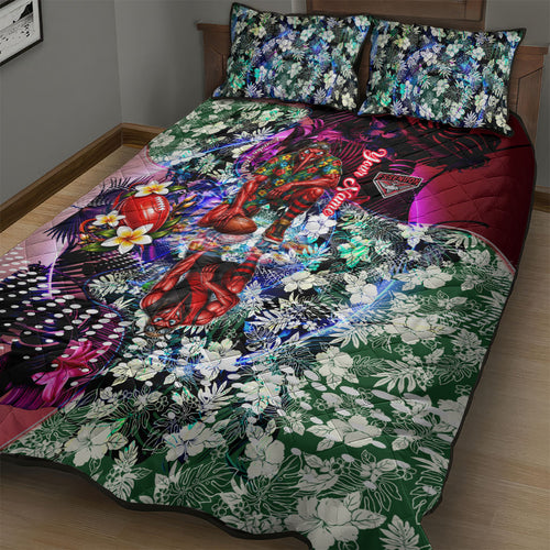 Personalized Essendon Football Bombers Quilt Bed Set Tropical Hibiscus Flowers - Pacific Fusion Style