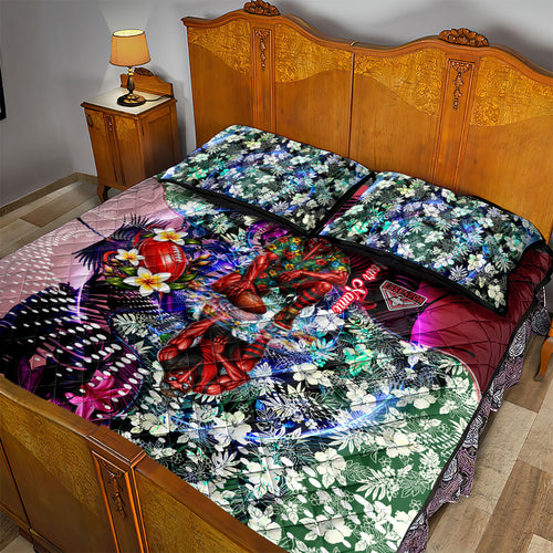 Personalized Essendon Football Bombers Quilt Bed Set Tropical Hibiscus Flowers - Pacific Fusion Style