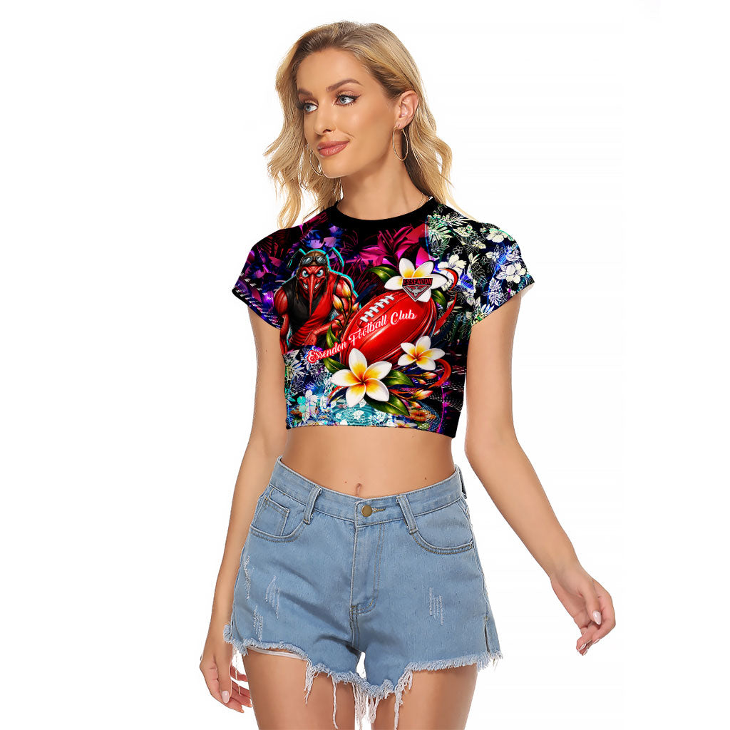 Personalized Essendon Football Bombers Raglan Cropped T Shirt Tropical Hibiscus Flowers - Pacific Fusion Style