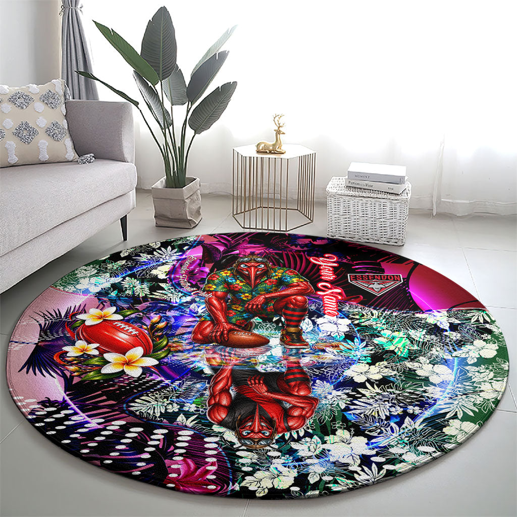 Personalized Essendon Football Bombers Round Carpet Tropical Hibiscus Flowers - Pacific Fusion Style