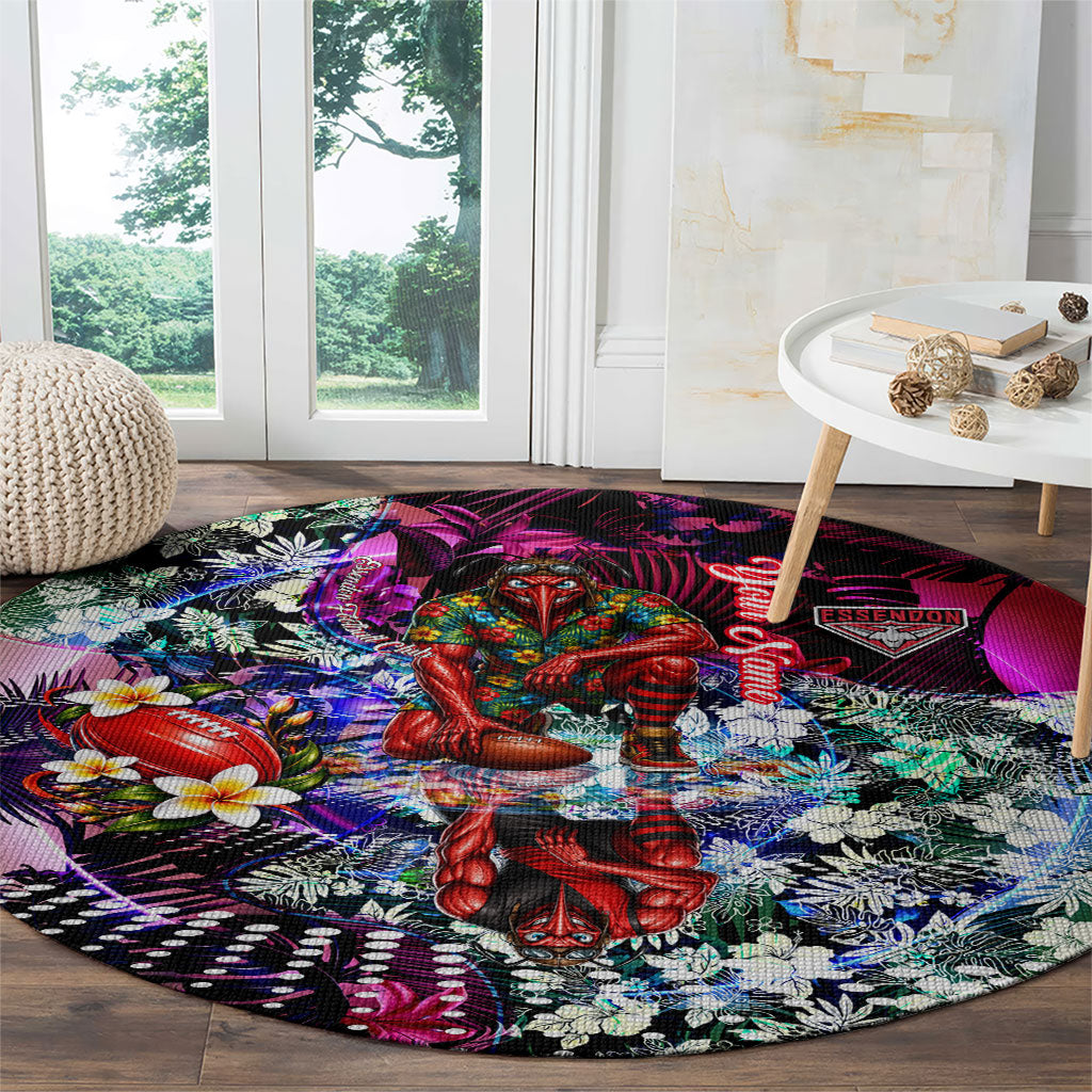 Personalized Essendon Football Bombers Round Carpet Tropical Hibiscus Flowers - Pacific Fusion Style