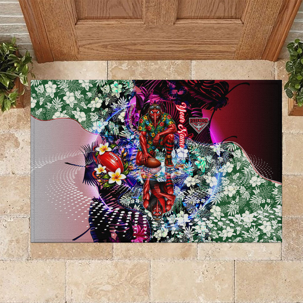 Personalized Essendon Football Bombers Rubber Doormat Tropical Hibiscus Flowers - Pacific Fusion Style