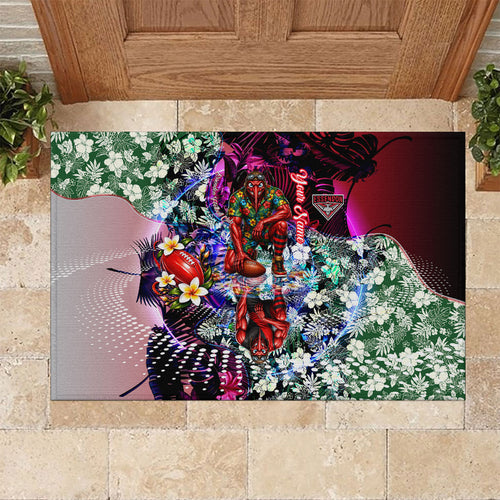 Personalized Essendon Football Bombers Rubber Doormat Tropical Hibiscus Flowers - Pacific Fusion Style
