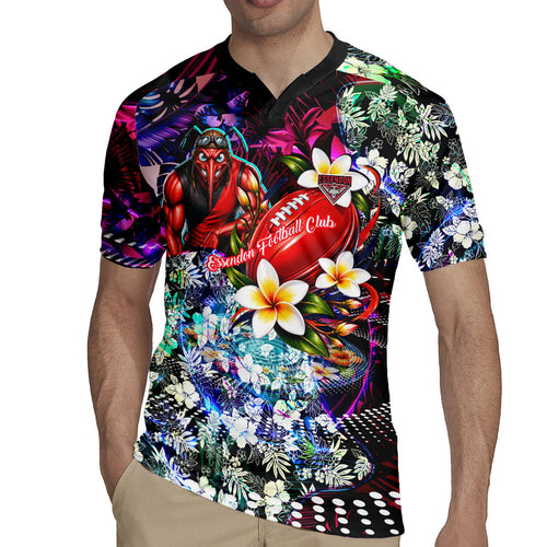 Personalized Essendon Football Bombers Rugby Jersey Tropical Hibiscus Flowers - Pacific Fusion Style