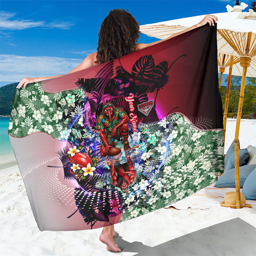Personalized Essendon Football Bombers Sarong Tropical Hibiscus Flowers - Pacific Fusion Style
