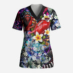 Personalized Essendon Football Bombers Scrub Top Tropical Hibiscus Flowers - Pacific Fusion Style