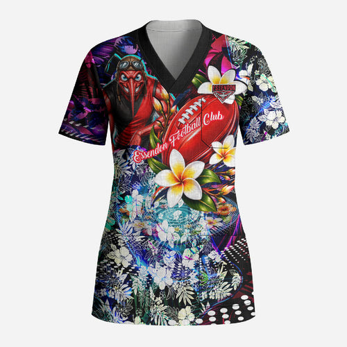 Personalized Essendon Football Bombers Scrub Top Tropical Hibiscus Flowers - Pacific Fusion Style
