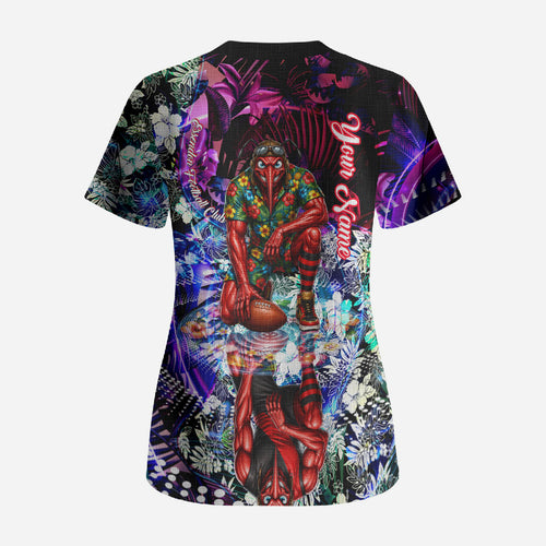 Personalized Essendon Football Bombers Scrub Top Tropical Hibiscus Flowers - Pacific Fusion Style