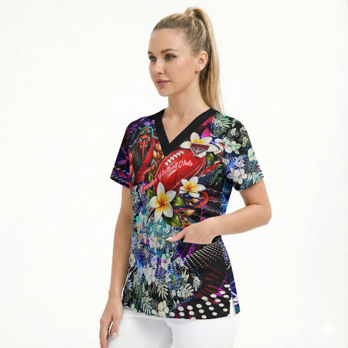 Personalized Essendon Football Bombers Scrub Top Tropical Hibiscus Flowers - Pacific Fusion Style