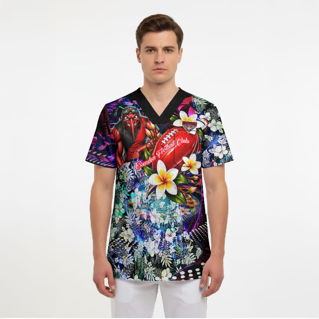 Personalized Essendon Football Bombers Scrub Top Tropical Hibiscus Flowers - Pacific Fusion Style