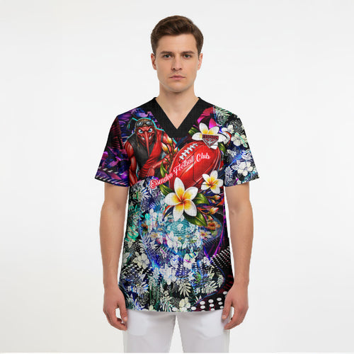 Personalized Essendon Football Bombers Scrub Top Tropical Hibiscus Flowers - Pacific Fusion Style