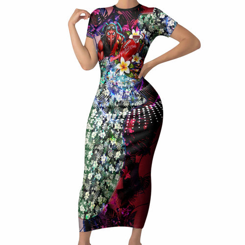 Personalized Essendon Football Bombers Short Sleeve Bodycon Dress Tropical Hibiscus Flowers - Pacific Fusion Style