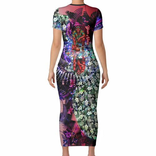 Personalized Essendon Football Bombers Short Sleeve Bodycon Dress Tropical Hibiscus Flowers - Pacific Fusion Style