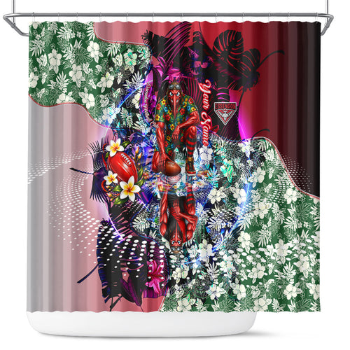 Personalized Essendon Football Bombers Shower Curtain Tropical Hibiscus Flowers - Pacific Fusion Style
