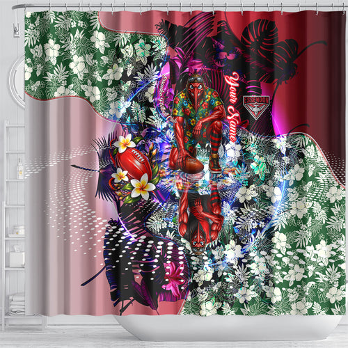 Personalized Essendon Football Bombers Shower Curtain Tropical Hibiscus Flowers - Pacific Fusion Style