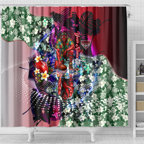 Personalized Essendon Football Bombers Shower Curtain Tropical Hibiscus Flowers - Pacific Fusion Style