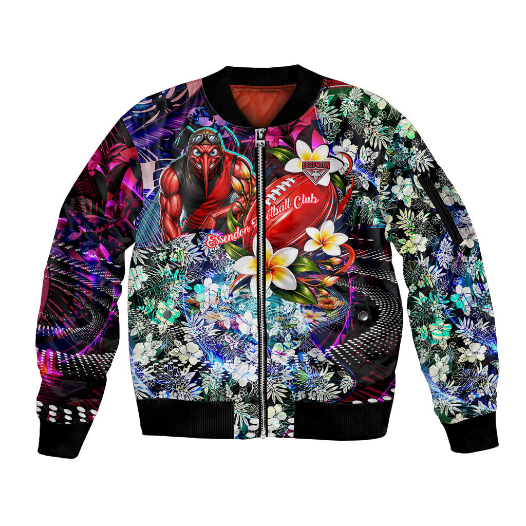 Personalized Essendon Football Bombers Sleeve Zip Bomber Jacket Tropical Hibiscus Flowers - Pacific Fusion Style