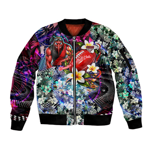 Personalized Essendon Football Bombers Sleeve Zip Bomber Jacket Tropical Hibiscus Flowers - Pacific Fusion Style