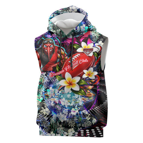 Personalized Essendon Football Bombers Sleeveless Hoodie Tropical Hibiscus Flowers - Pacific Fusion Style
