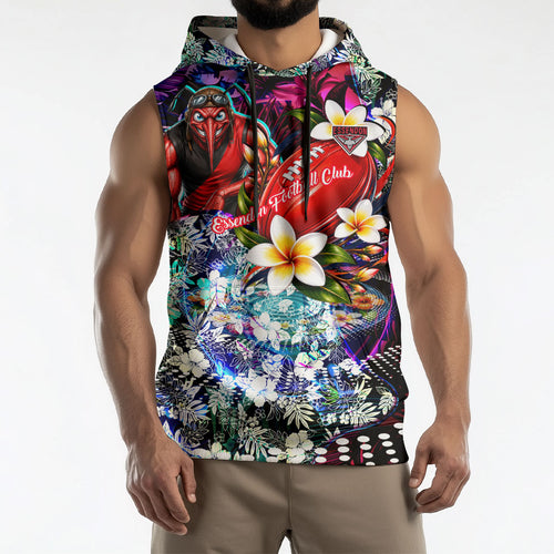 Personalized Essendon Football Bombers Sleeveless Hoodie Tropical Hibiscus Flowers - Pacific Fusion Style