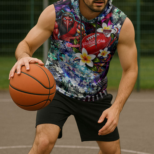 Personalized Essendon Football Bombers Sleeveless Hoodie Tropical Hibiscus Flowers - Pacific Fusion Style