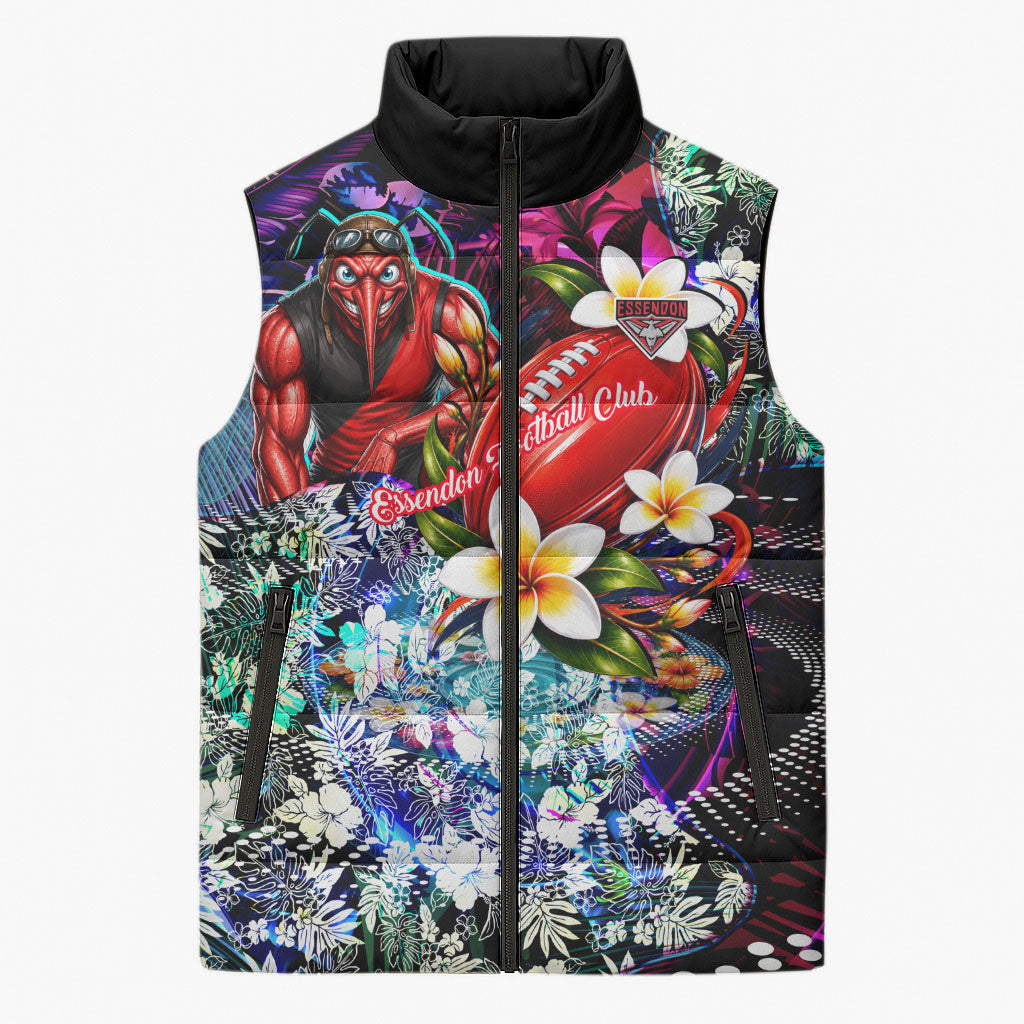 Personalized Essendon Football Bombers Sleeveless Puffer Jacket Tropical Hibiscus Flowers - Pacific Fusion Style