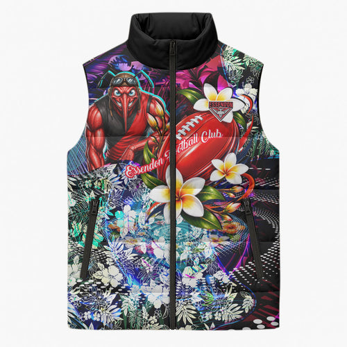 Personalized Essendon Football Bombers Sleeveless Puffer Jacket Tropical Hibiscus Flowers - Pacific Fusion Style