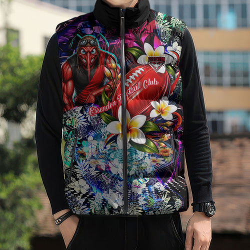 Personalized Essendon Football Bombers Sleeveless Puffer Jacket Tropical Hibiscus Flowers - Pacific Fusion Style