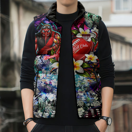 Personalized Essendon Football Bombers Sleeveless Puffer Jacket Tropical Hibiscus Flowers - Pacific Fusion Style
