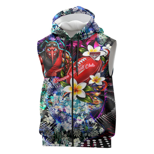 Personalized Essendon Football Bombers Sleeveless Zip Hoodie Tropical Hibiscus Flowers - Pacific Fusion Style