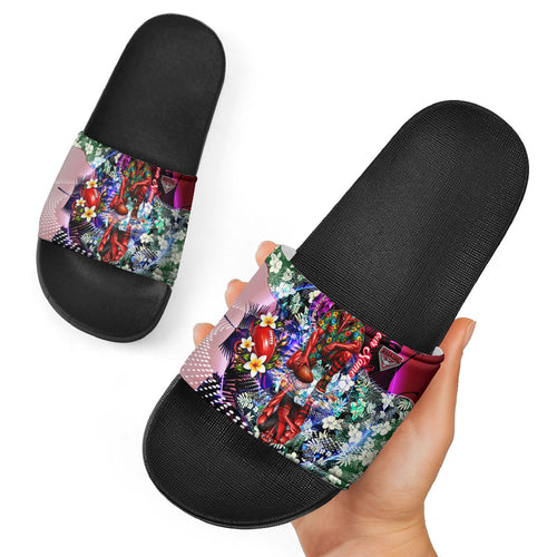 Personalized Essendon Football Bombers Slide Sandals Tropical Hibiscus Flowers - Pacific Fusion Style