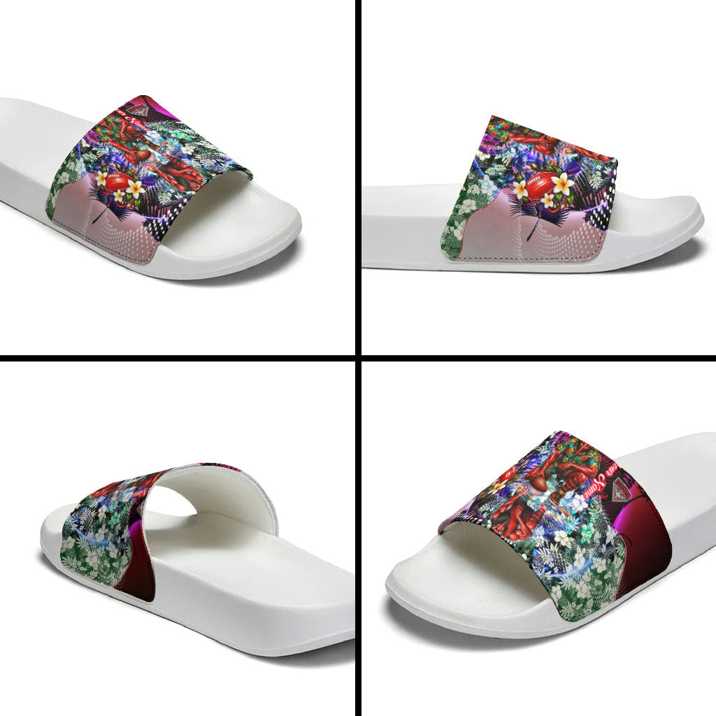 Personalized Essendon Football Bombers Slide Sandals Tropical Hibiscus Flowers - Pacific Fusion Style