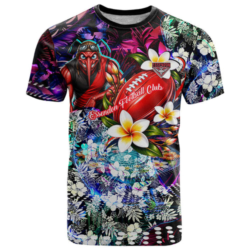 Personalized Essendon Football Bombers T Shirt Tropical Hibiscus Flowers - Pacific Fusion Style