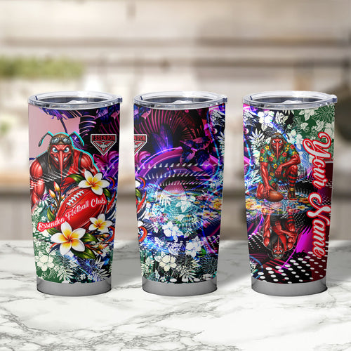 Personalized Essendon Football Bombers Tumbler Cup Tropical Hibiscus Flowers - Pacific Fusion Style