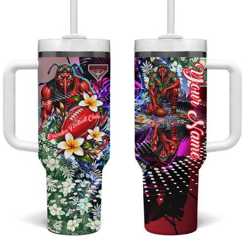Personalized Essendon Football Bombers Tumbler With Handle Tropical Hibiscus Flowers - Pacific Fusion Style